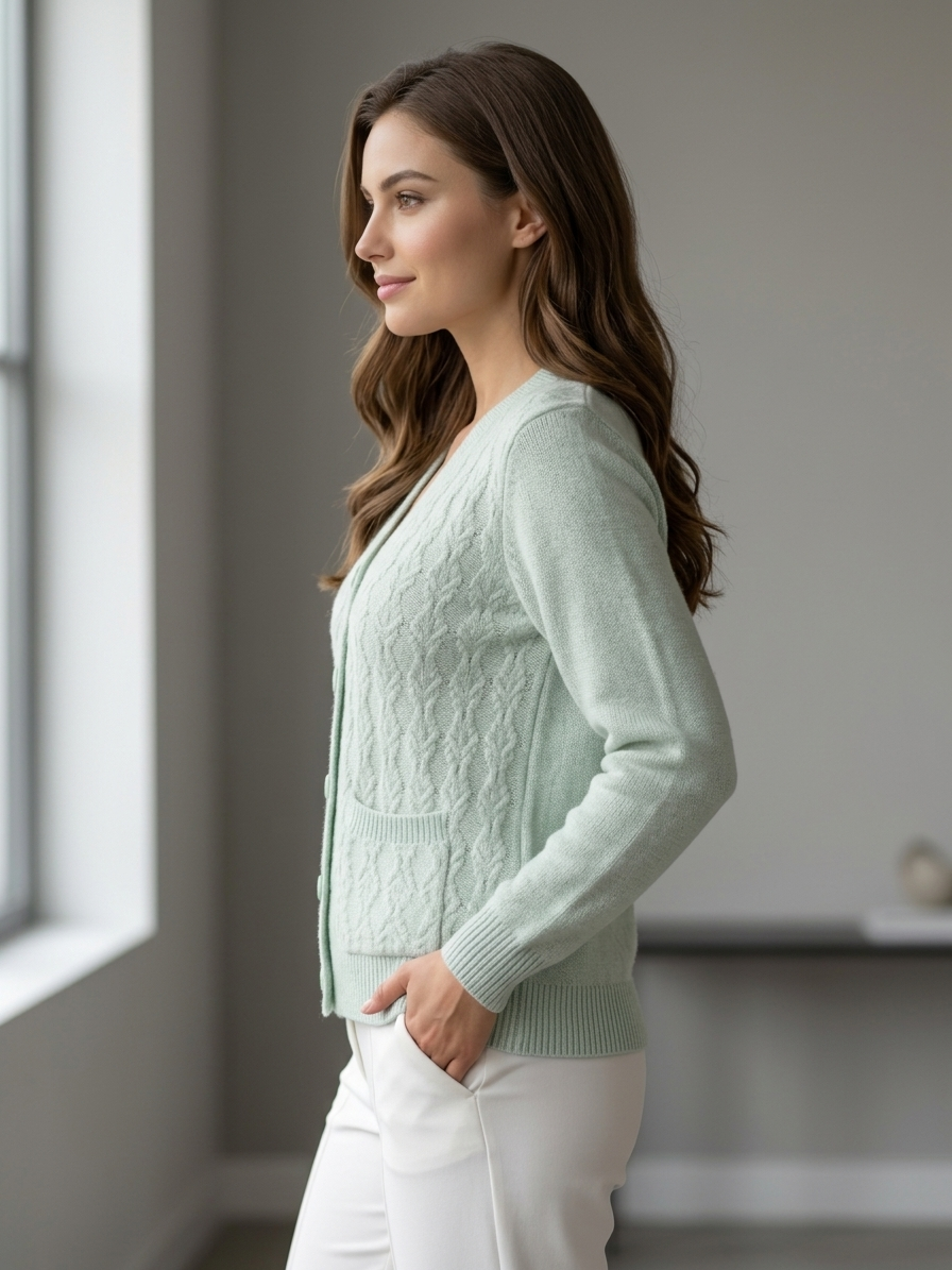 Women’s Elegant Mint Green Cable Knit Button Front Long Sleeve Cardigan