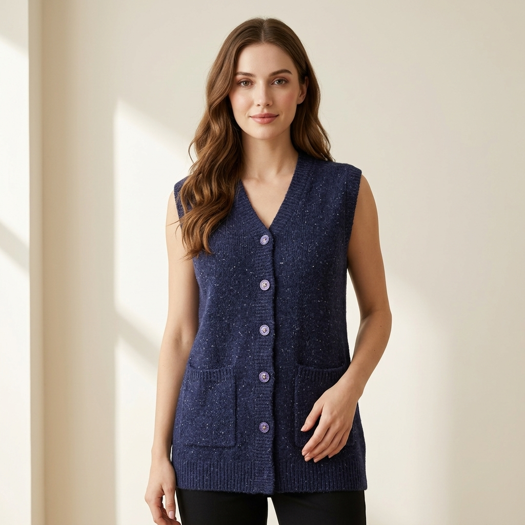 Women’s Premium Navy Blue Sleeveless Knit Vest | Button Front Winter Sweater