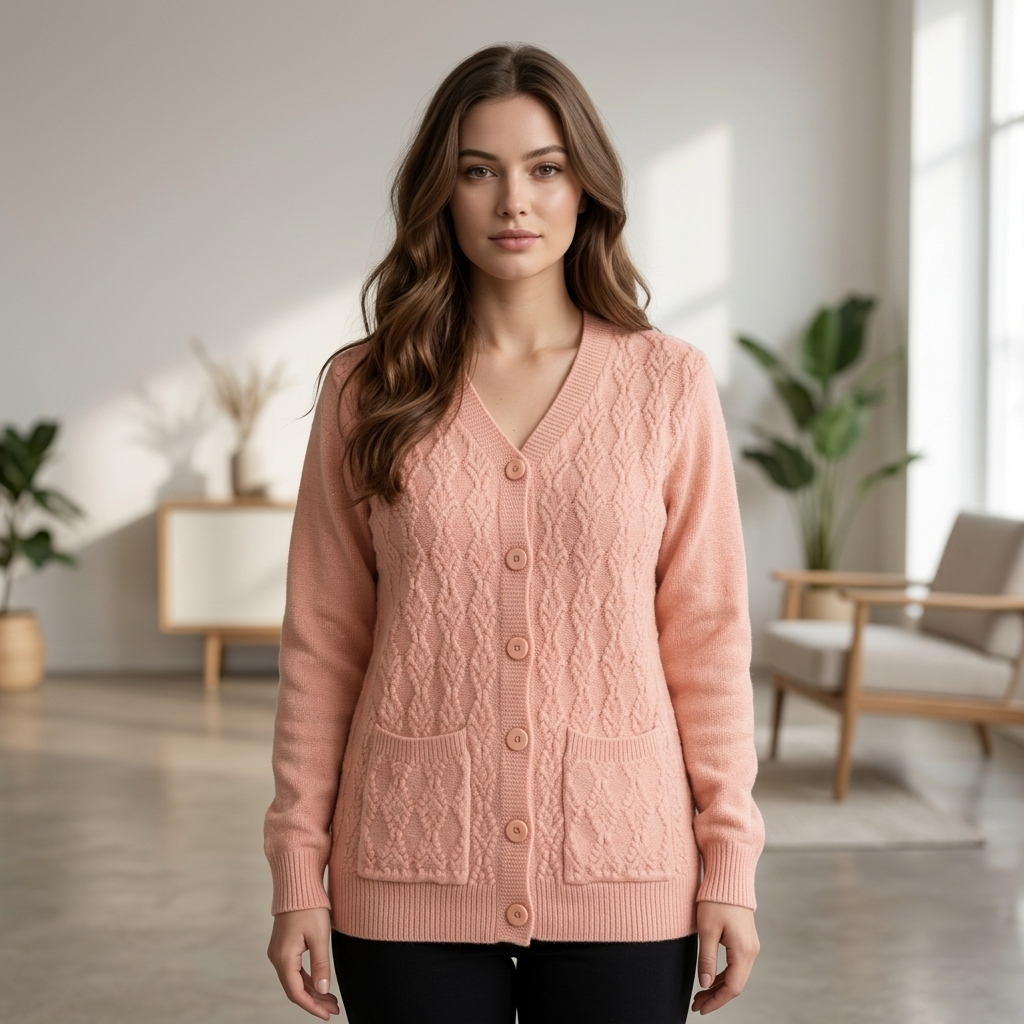 Women’s Premium Peach Cable Knit Cardigan | Elegant Full Sleeve Button Front Jersey