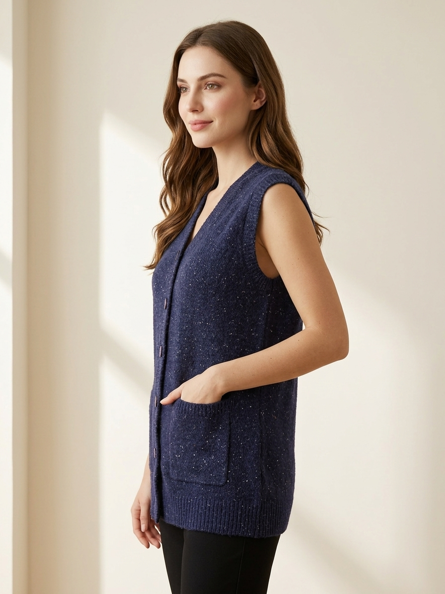 Women’s Premium Navy Blue Sleeveless Knit Vest | Button Front Winter Sweater
