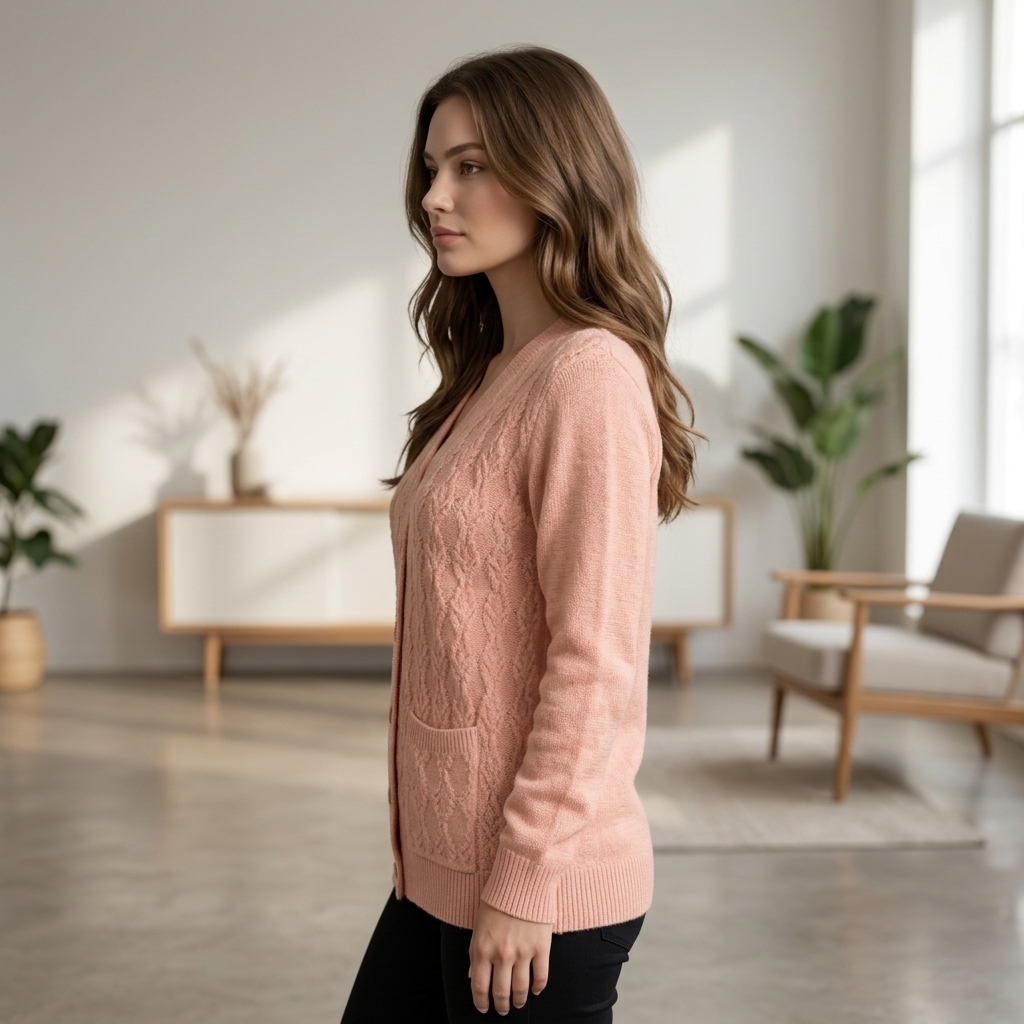 Women’s Premium Peach Cable Knit Cardigan | Elegant Full Sleeve Button Front Jersey