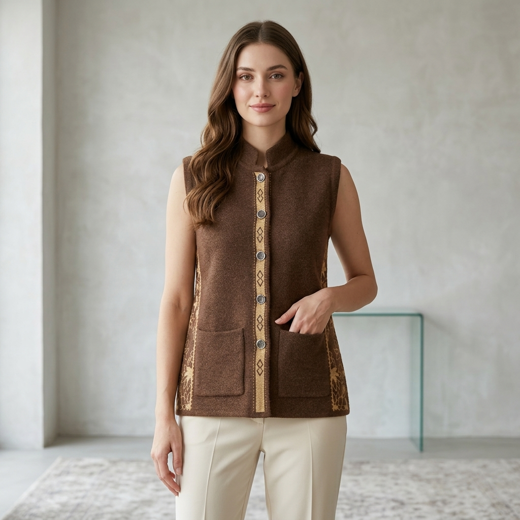 Women’s Premium Brown Sleeveless Woolen Vest | Elegant Button Front Winter Waistcoat