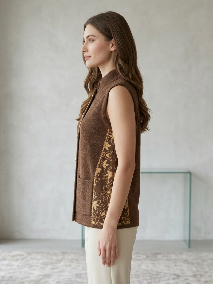 Women’s Premium Brown Sleeveless Woolen Vest | Elegant Button Front Winter Waistcoat