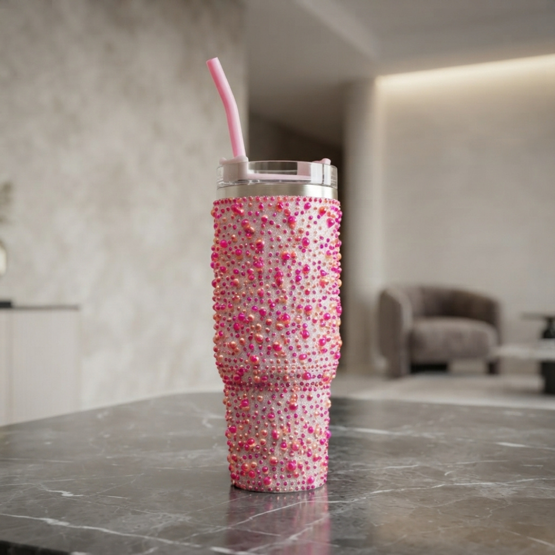 Elegant Pink Beaded Tumbler with Reusable Straw – Stylish Sparkle Travel Cup for Everyday Use
