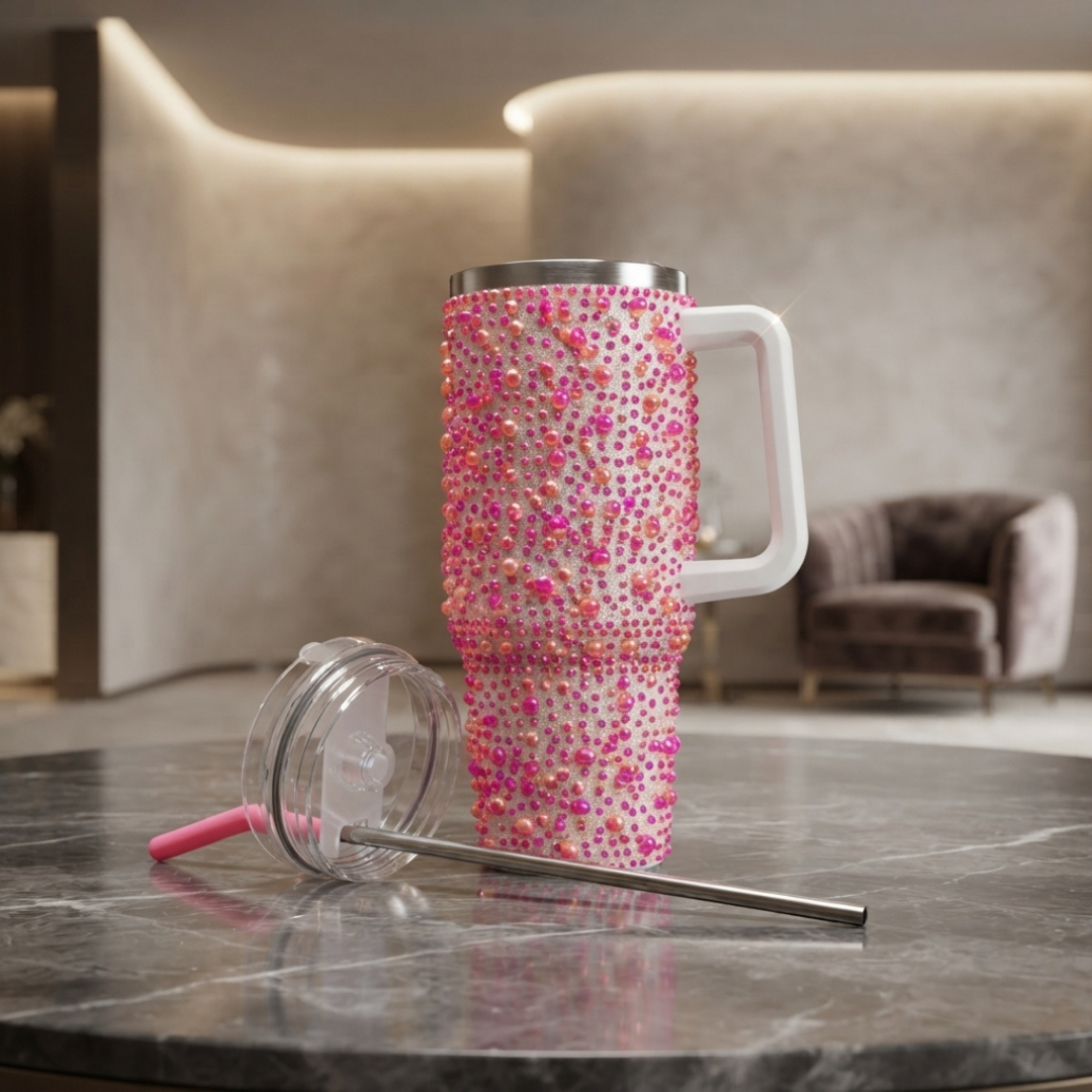 Elegant Pink Beaded Tumbler with Reusable Straw – Stylish Sparkle Travel Cup for Everyday Use