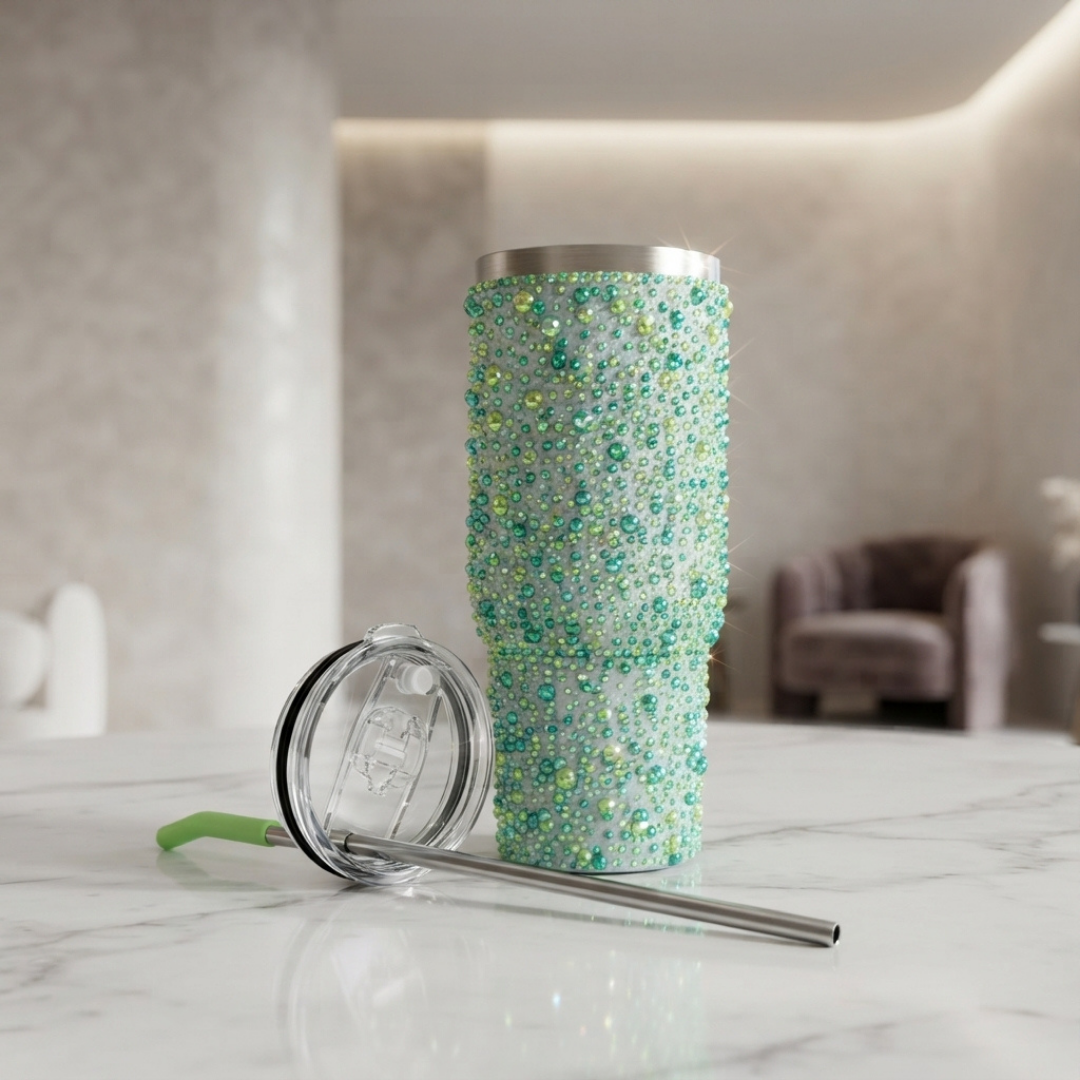 Elegant Green Beaded Stainless Steel Tumbler with Reusable Straw, Clear Lid, Sparkling Design and Stylish Everyday Drinkware