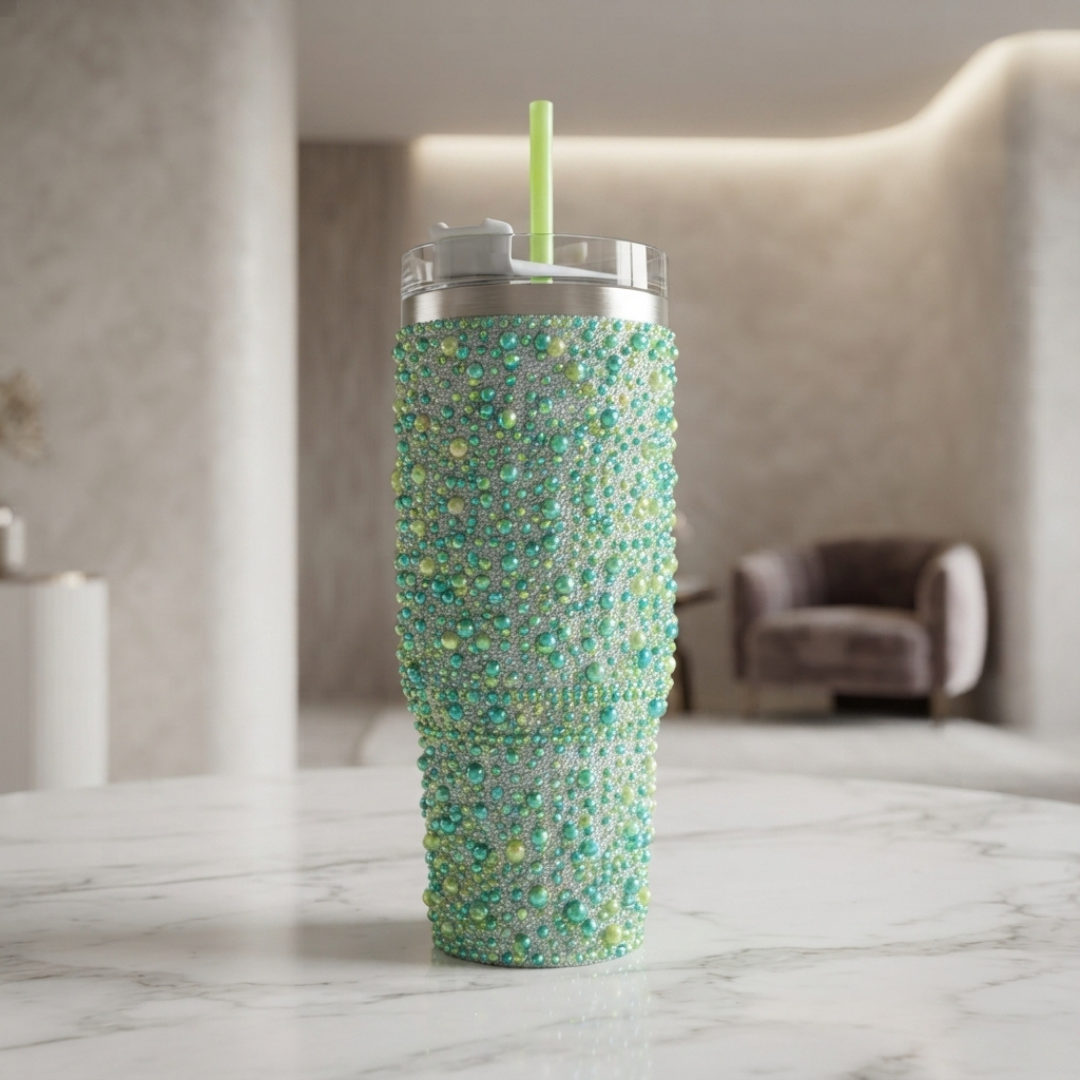 Elegant Green Beaded Stainless Steel Tumbler with Reusable Straw, Clear Lid, Sparkling Design and Stylish Everyday Drinkware