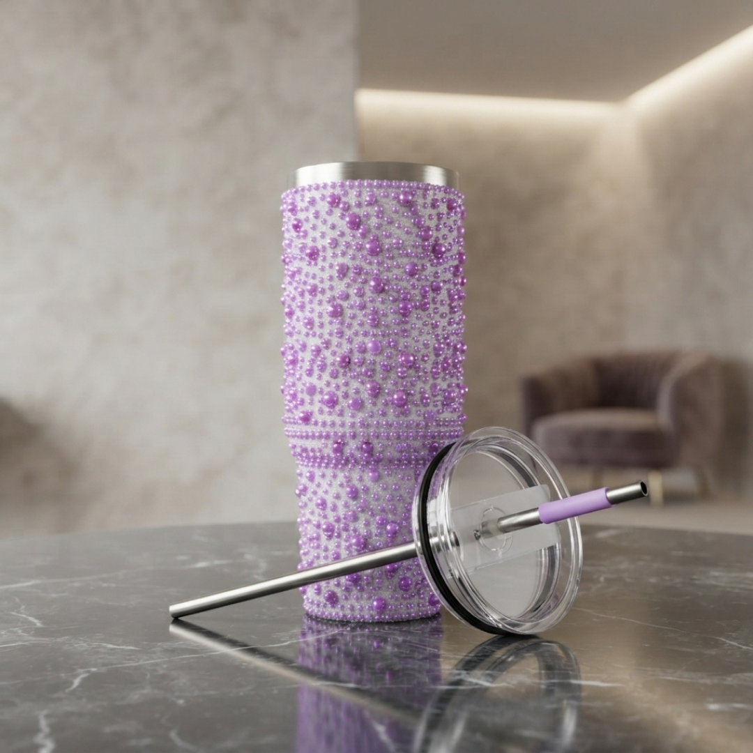Elegant Purple Beaded Tumbler with Handle and Reusable Straw – Stylish Insulated Travel Cup
