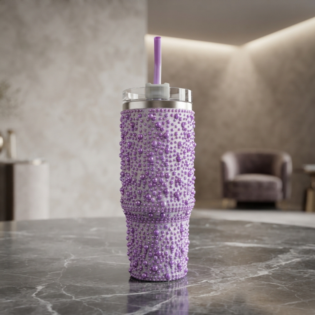 Elegant Purple Beaded Tumbler with Handle and Reusable Straw – Stylish Insulated Travel Cup