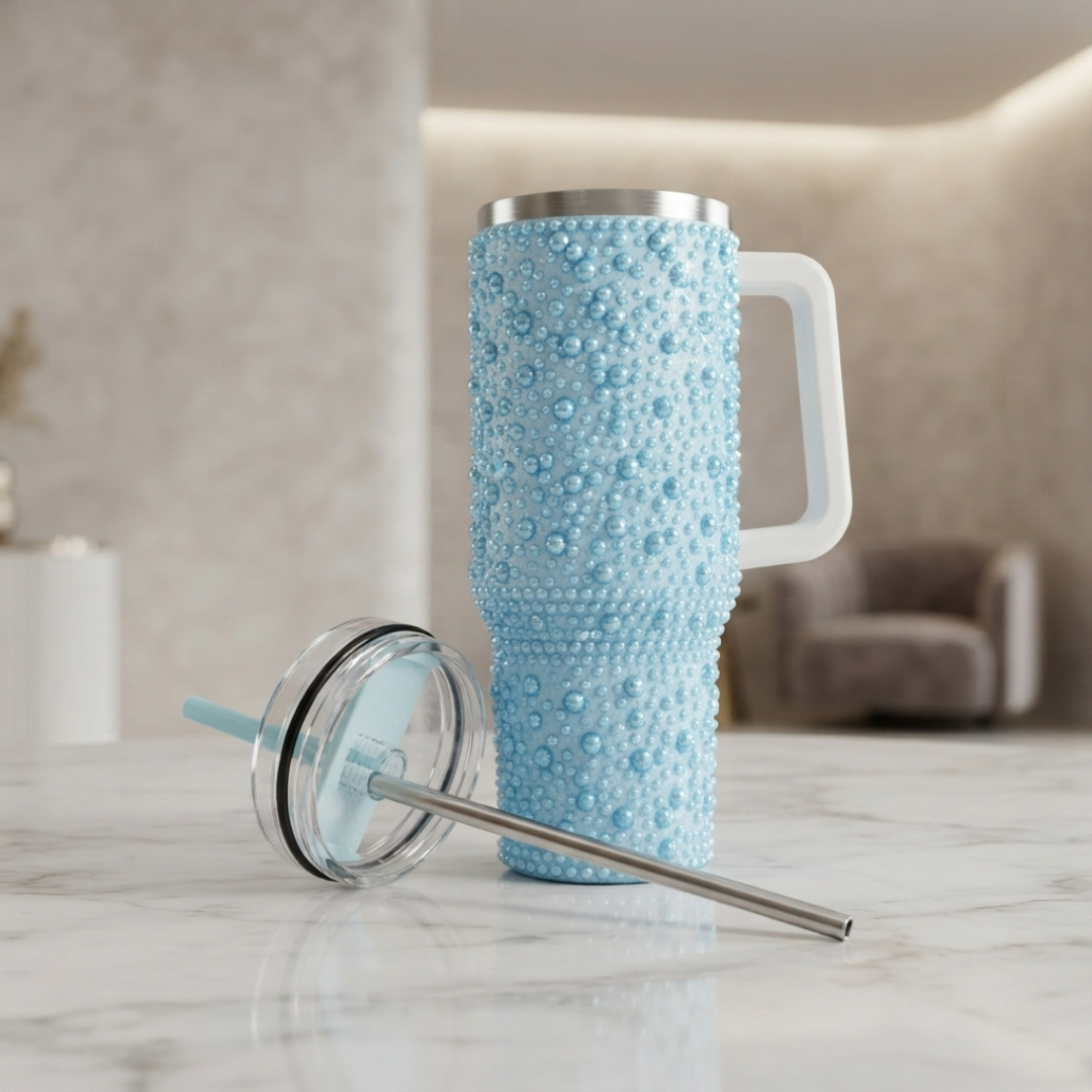 Premium Blue Bubble Textured Stainless Steel Tumbler with Handle, Clear Lid and Reusable Metal Straw