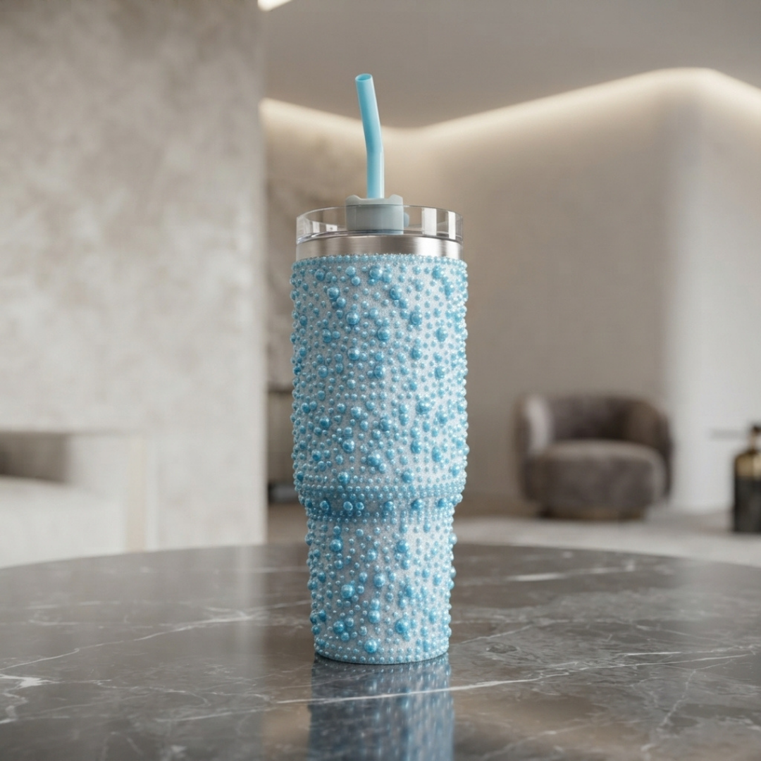 Premium Blue Bubble Textured Stainless Steel Tumbler with Handle, Clear Lid and Reusable Metal Straw