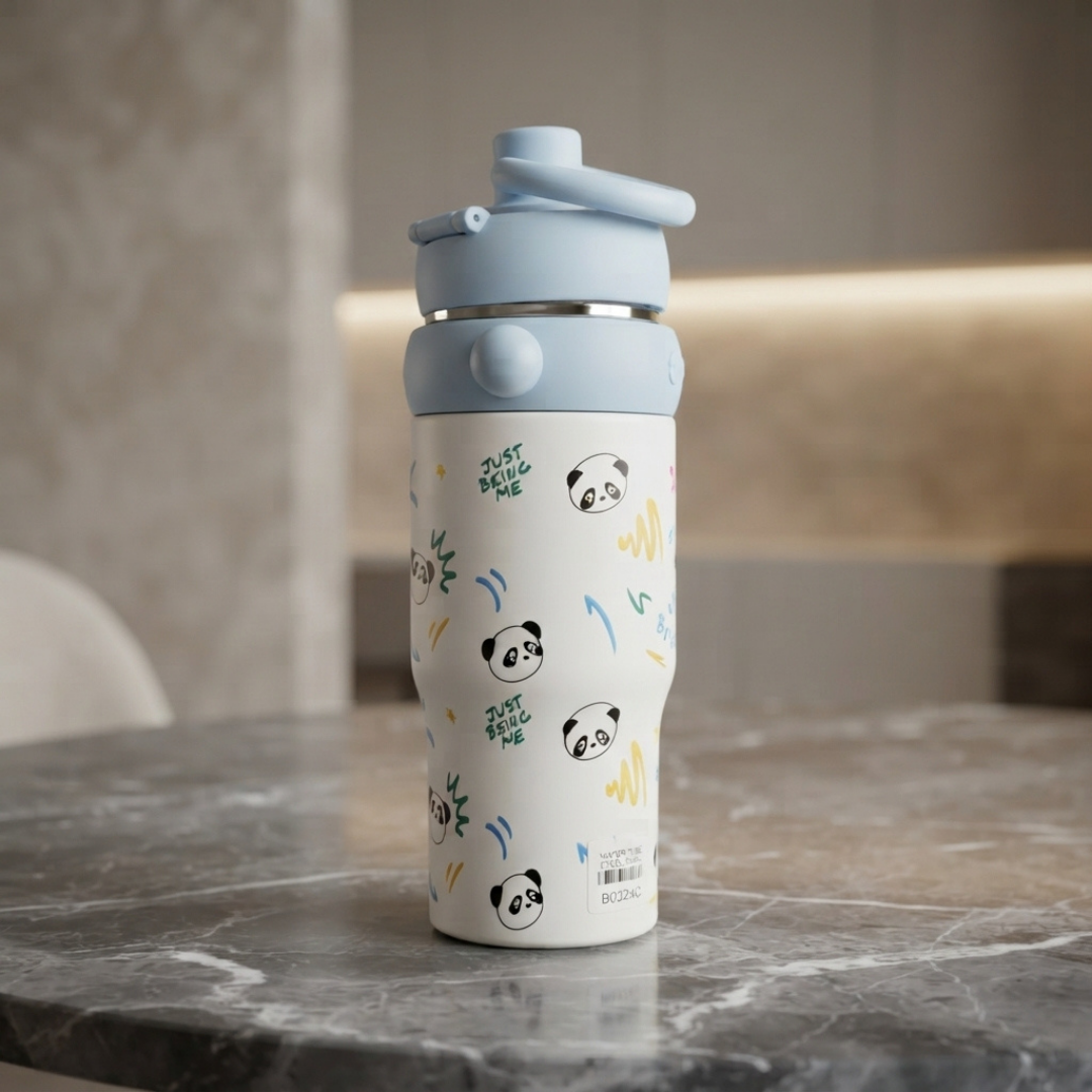 Cute Panda Water Bottle with Straw Lid and Carry Handle – Stylish Kids & Everyday Drinking Bottle