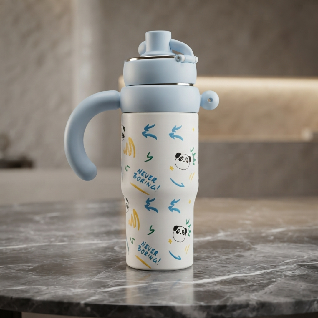 Cute Panda Water Bottle with Straw Lid and Carry Handle – Stylish Kids & Everyday Drinking Bottle