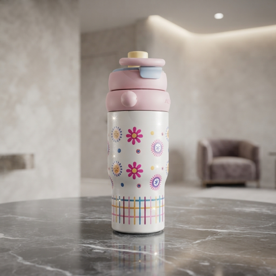 Cute Floral Stainless Steel Water Bottle with Flip Lid and Straw – Stylish Reusable Travel Bottle