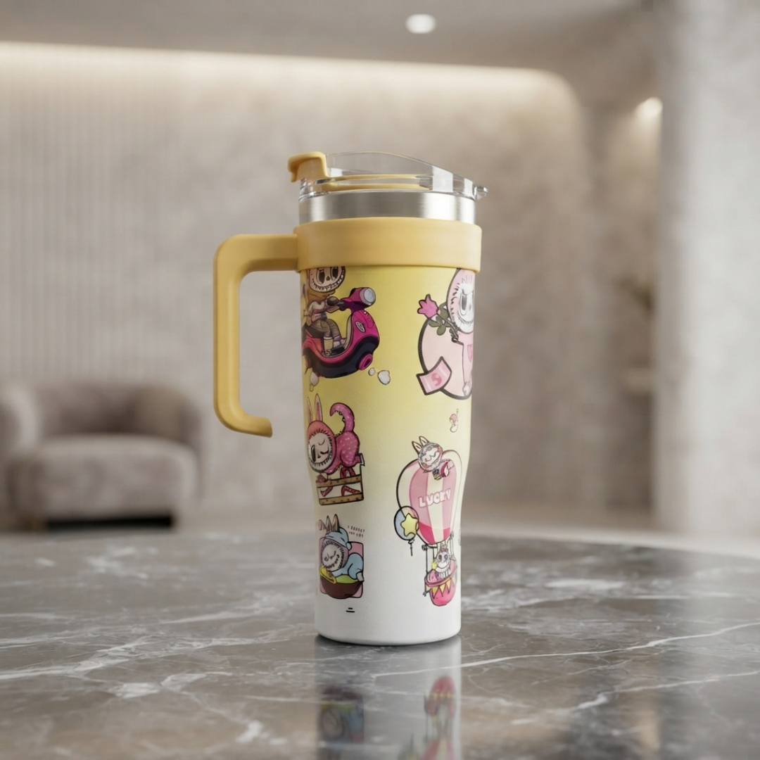 Cute Yellow Cartoon Stainless Steel Tumbler with Handle, Reusable Straw and Clear Lid
