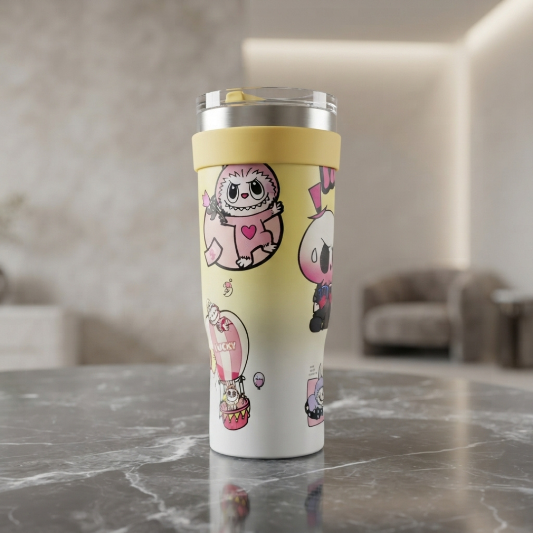 Cute Yellow Cartoon Stainless Steel Tumbler with Handle, Reusable Straw and Clear Lid