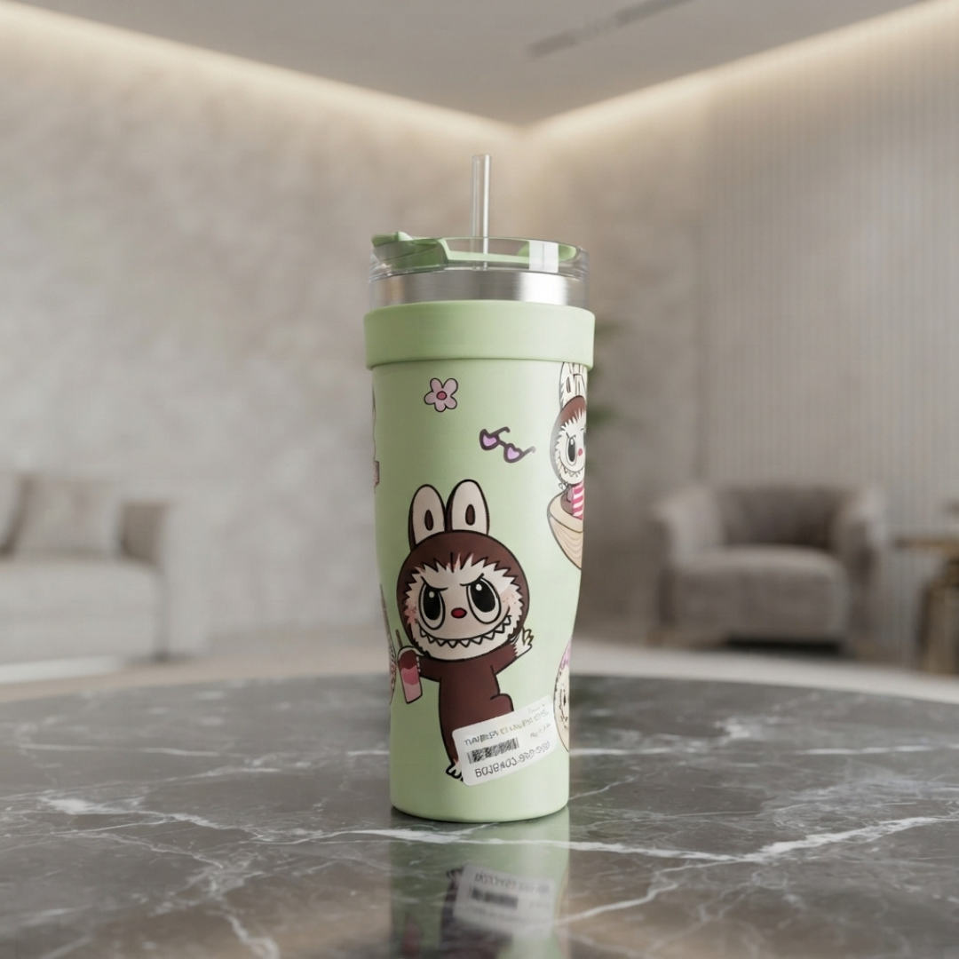 Cute Green Cartoon Tumbler with Handle and Straw – Stylish Reusable Travel Cup for Everyday Use