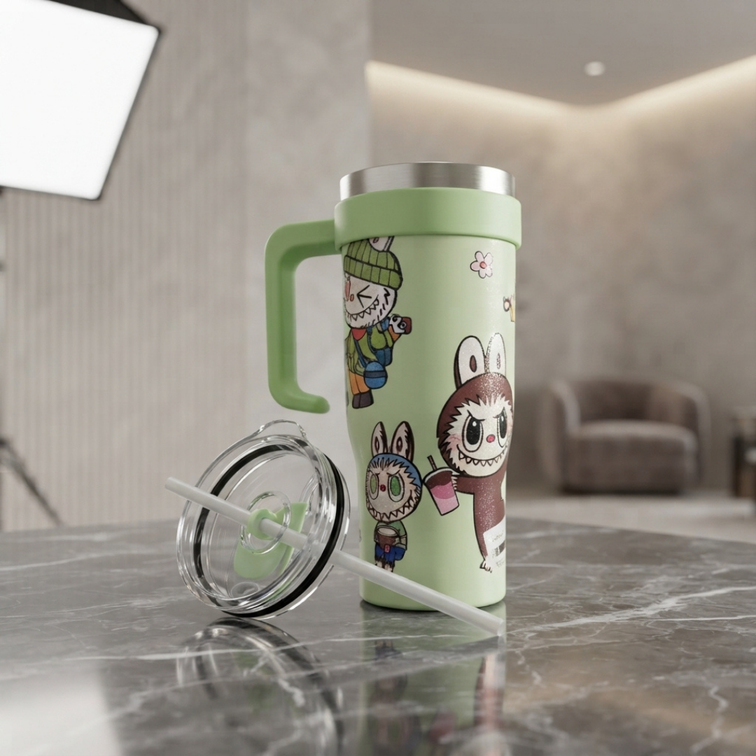 Cute Green Cartoon Tumbler with Handle and Straw – Stylish Reusable Travel Cup for Everyday Use