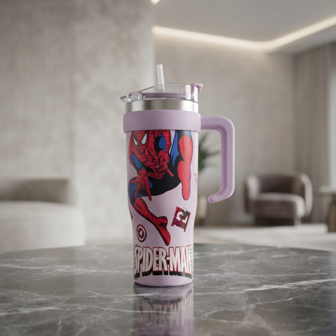 Pink Spider-Man Stainless Steel Tumbler with Handle, Reusable Straw and Clear Lid