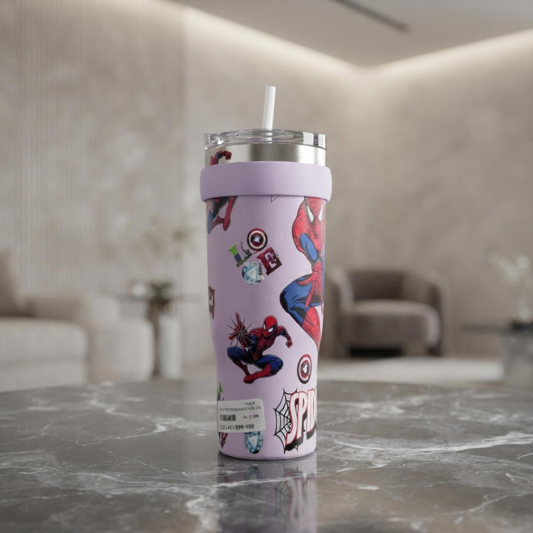 Pink Spider-Man Stainless Steel Tumbler with Handle, Reusable Straw and Clear Lid