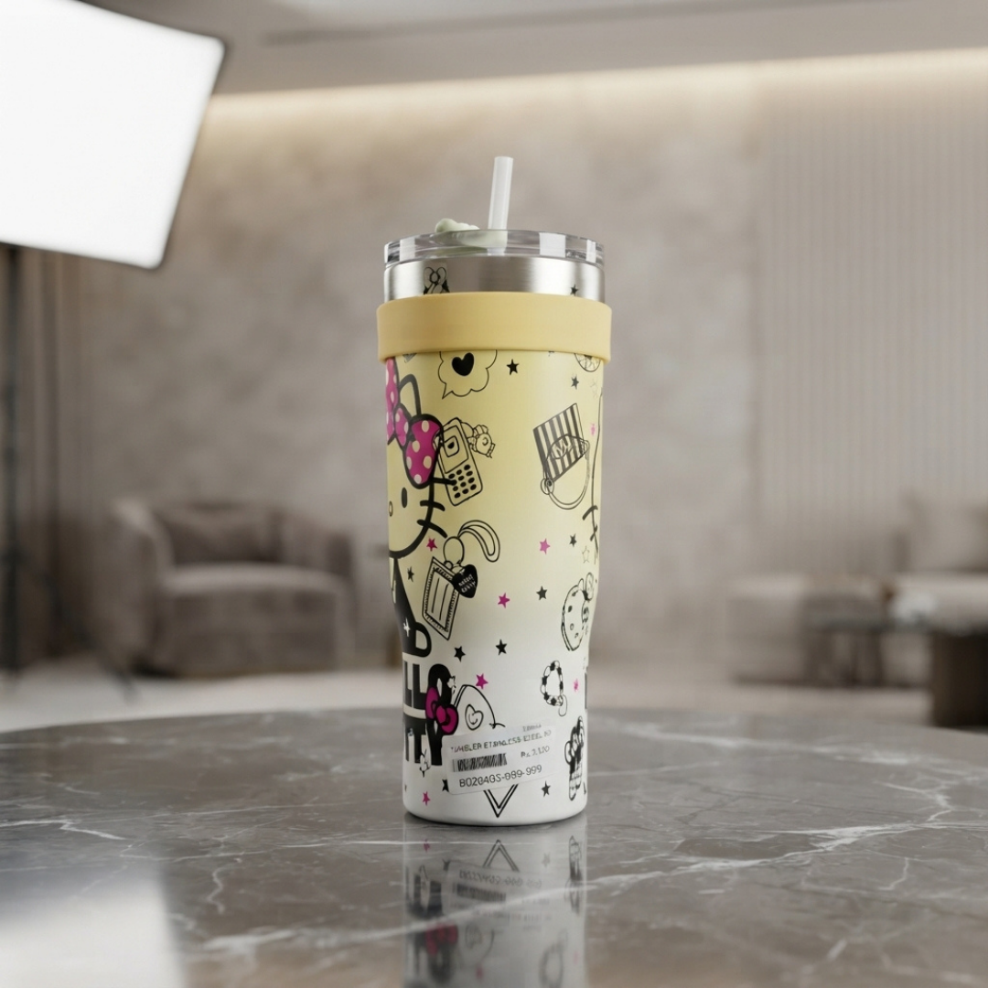 Hello Kitty Printed Stainless Steel Tumbler with Straw and Handle – Cute Reusable Insulated Water Bottle