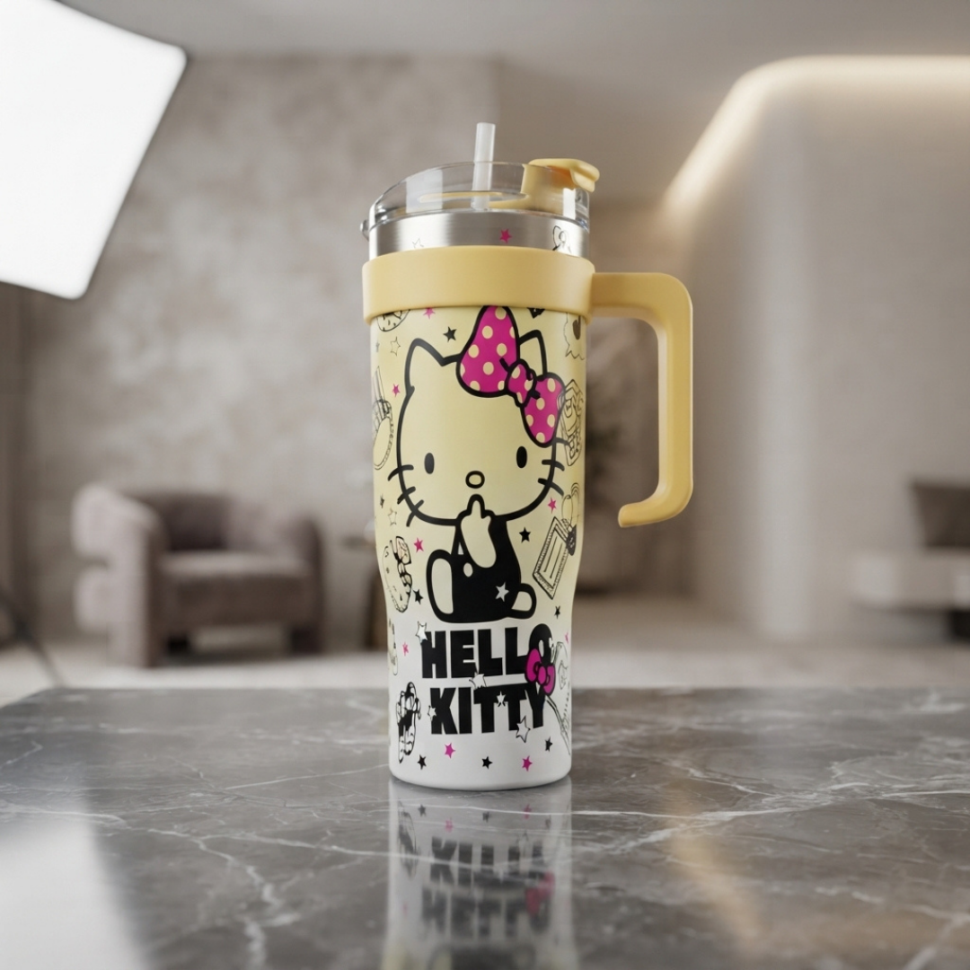 Hello Kitty Printed Stainless Steel Tumbler with Straw and Handle – Cute Reusable Insulated Water Bottle