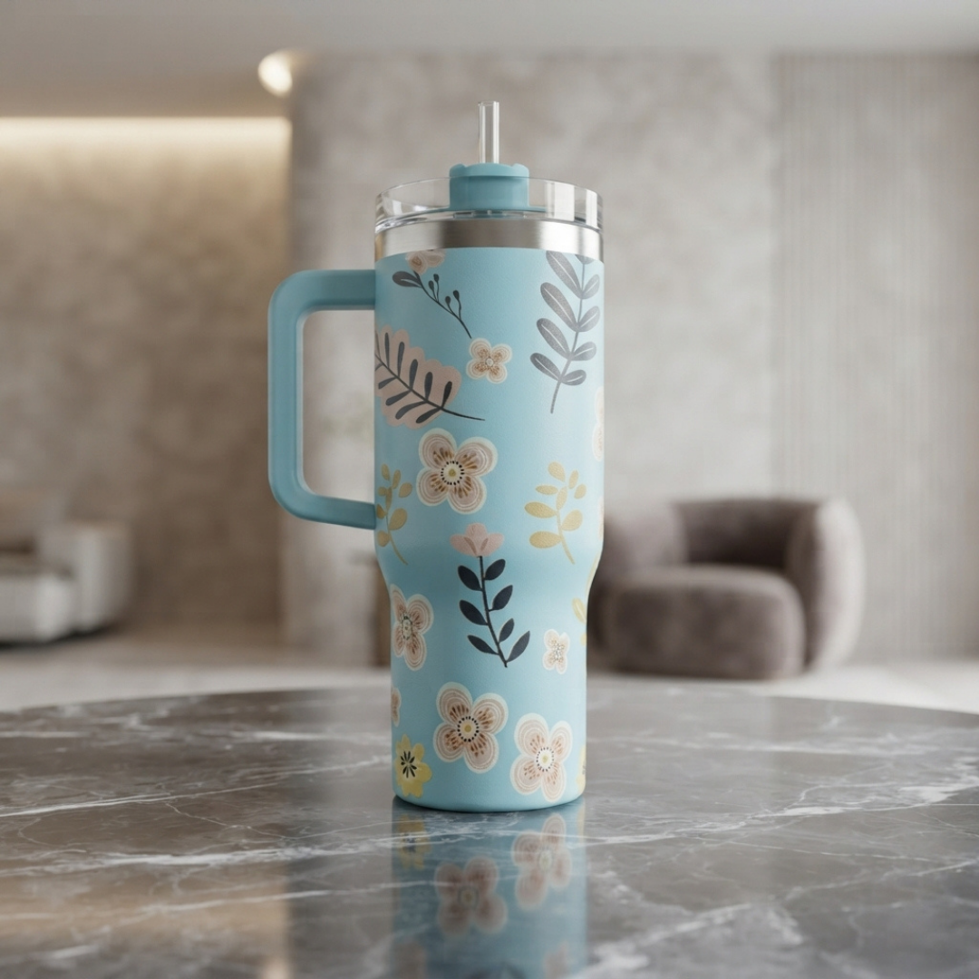 Elegant Blue Floral Stainless Steel Tumbler with Handle, Reusable Straw and Clear Lid