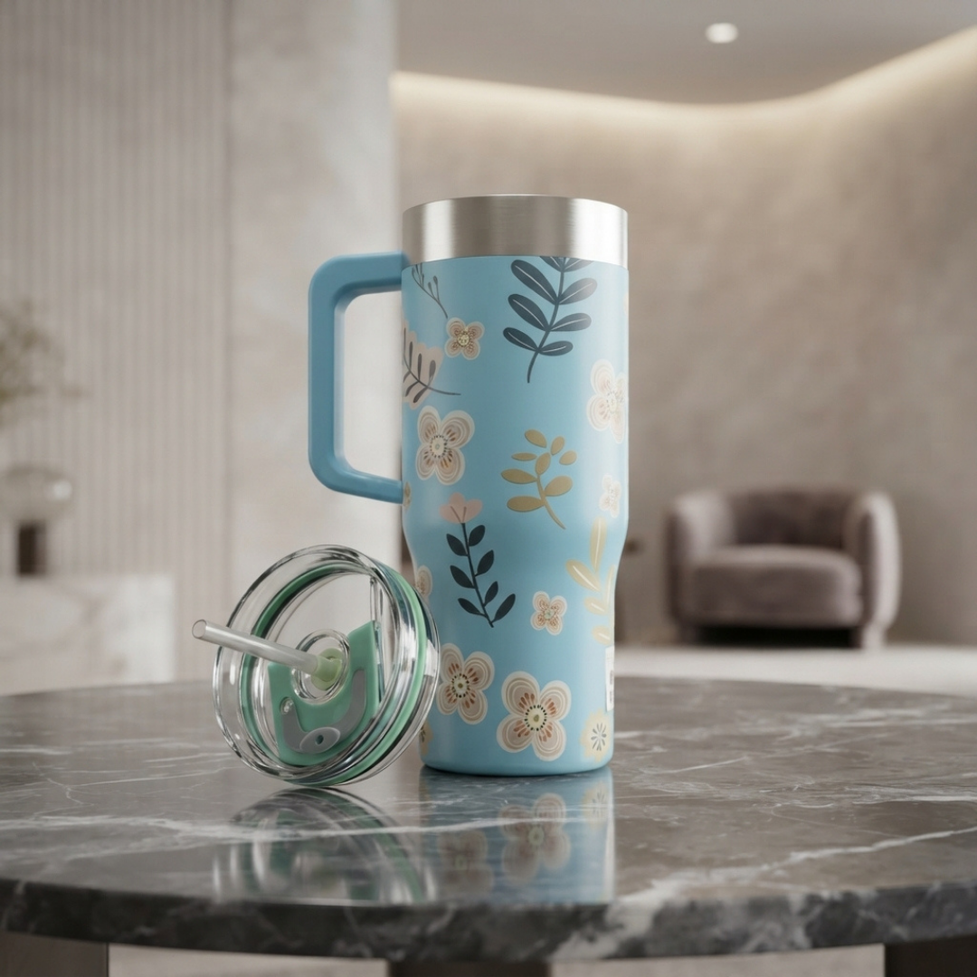 Elegant Blue Floral Stainless Steel Tumbler with Handle, Reusable Straw and Clear Lid