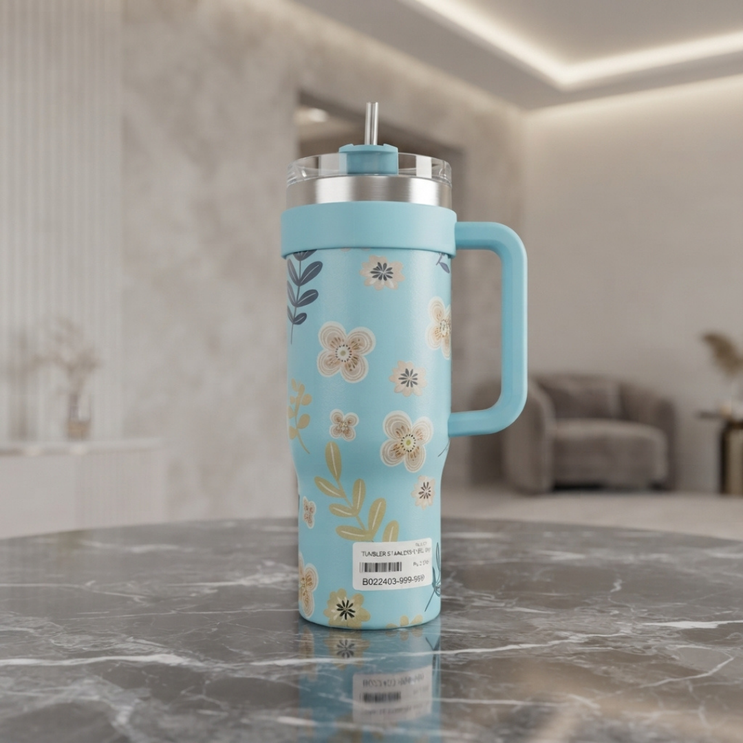 Elegant Blue Floral Stainless Steel Tumbler with Handle, Reusable Straw and Clear Lid