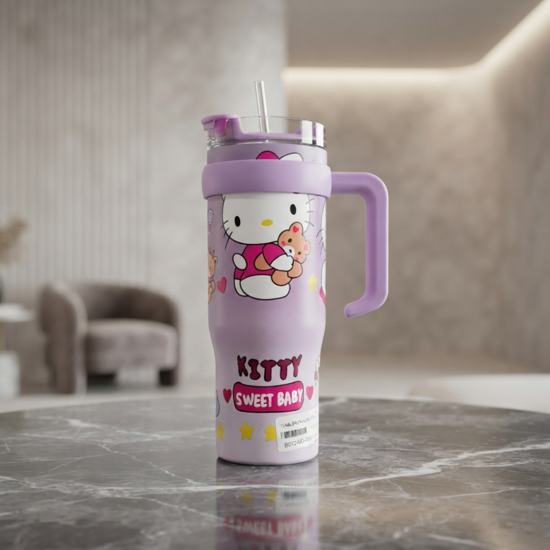 Hello Kitty Sweet Baby Stainless Steel Tumbler with Straw, Handle and Cute Printed Design