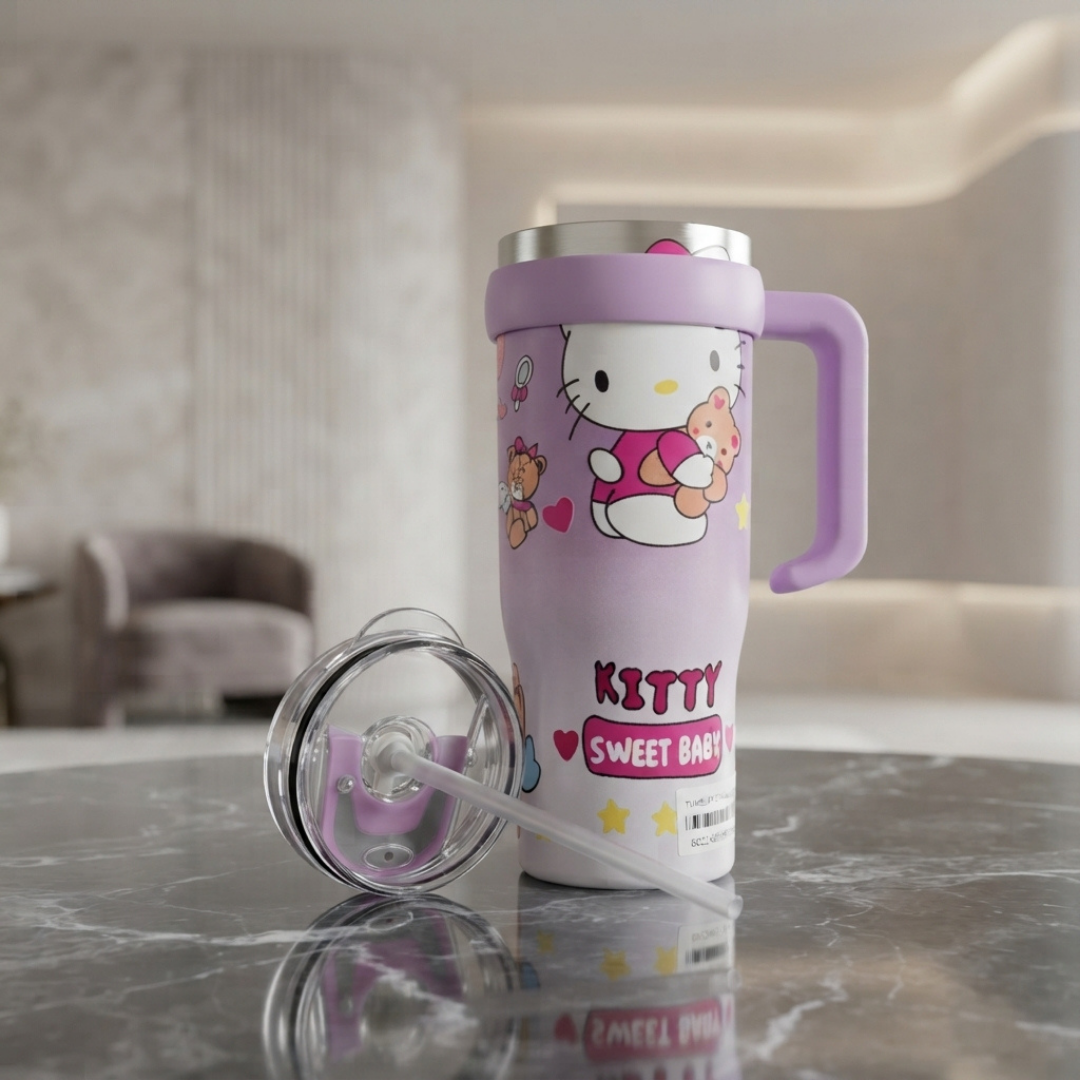 Hello Kitty Sweet Baby Stainless Steel Tumbler with Straw, Handle and Cute Printed Design