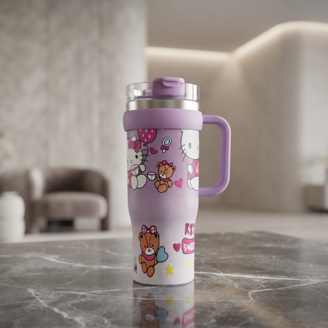 Hello Kitty Sweet Baby Stainless Steel Tumbler with Straw, Handle and Cute Printed Design