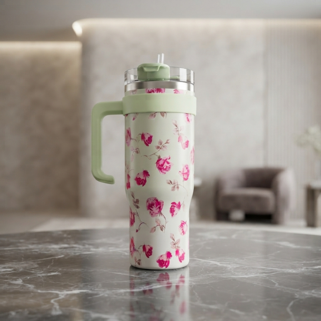 Elegant Floral Stainless Steel Tumbler with Handle, Straw and Clear Lid