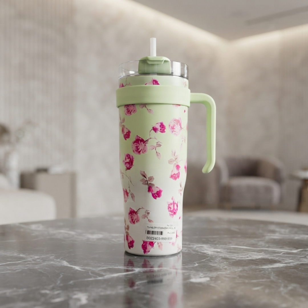 Elegant Floral Stainless Steel Tumbler with Handle, Straw and Clear Lid