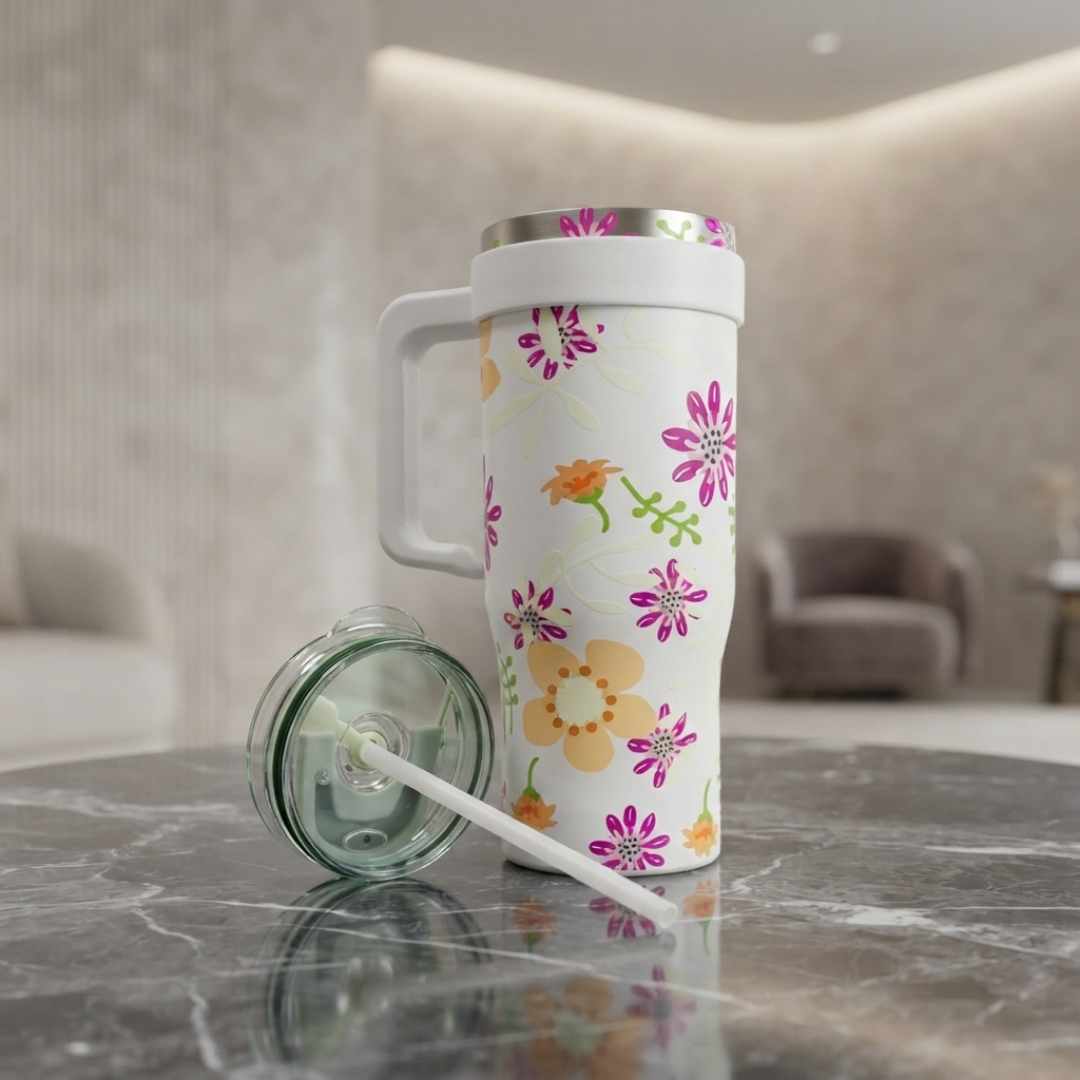 Floral Print Stainless Steel Tumbler with Straw and Handle – Cute Reusable Travel Water Cup