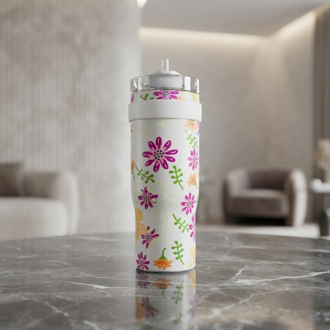 Floral Print Stainless Steel Tumbler with Straw and Handle – Cute Reusable Travel Water Cup