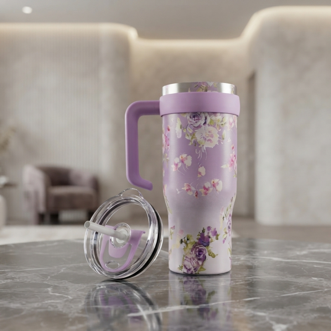 Elegant Purple Floral Tumbler with Handle, Straw and Secure Lid – Stylish Insulated Travel Cup