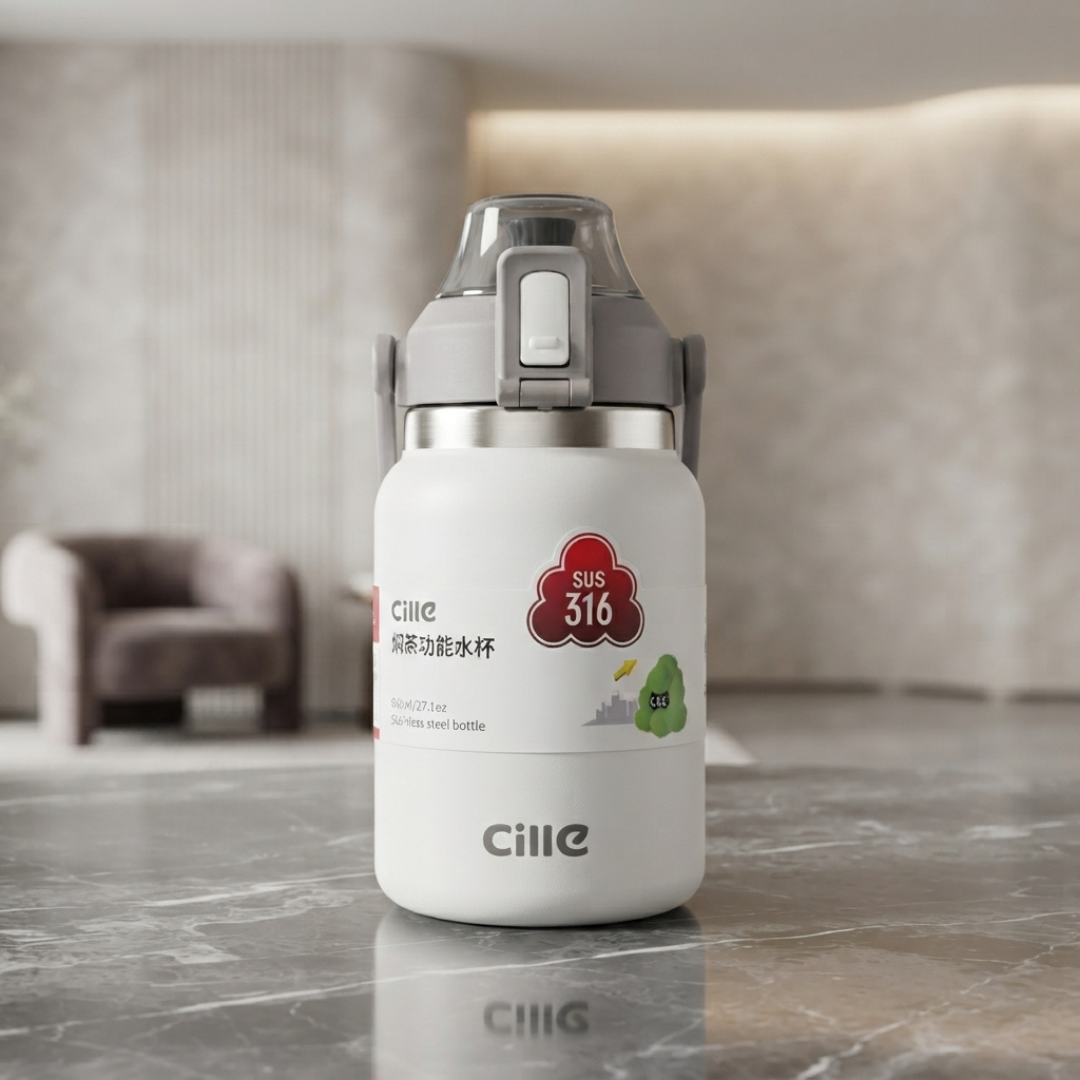 Premium White Stainless Steel Vacuum Insulated Water Bottle with Flip Lid and Lock