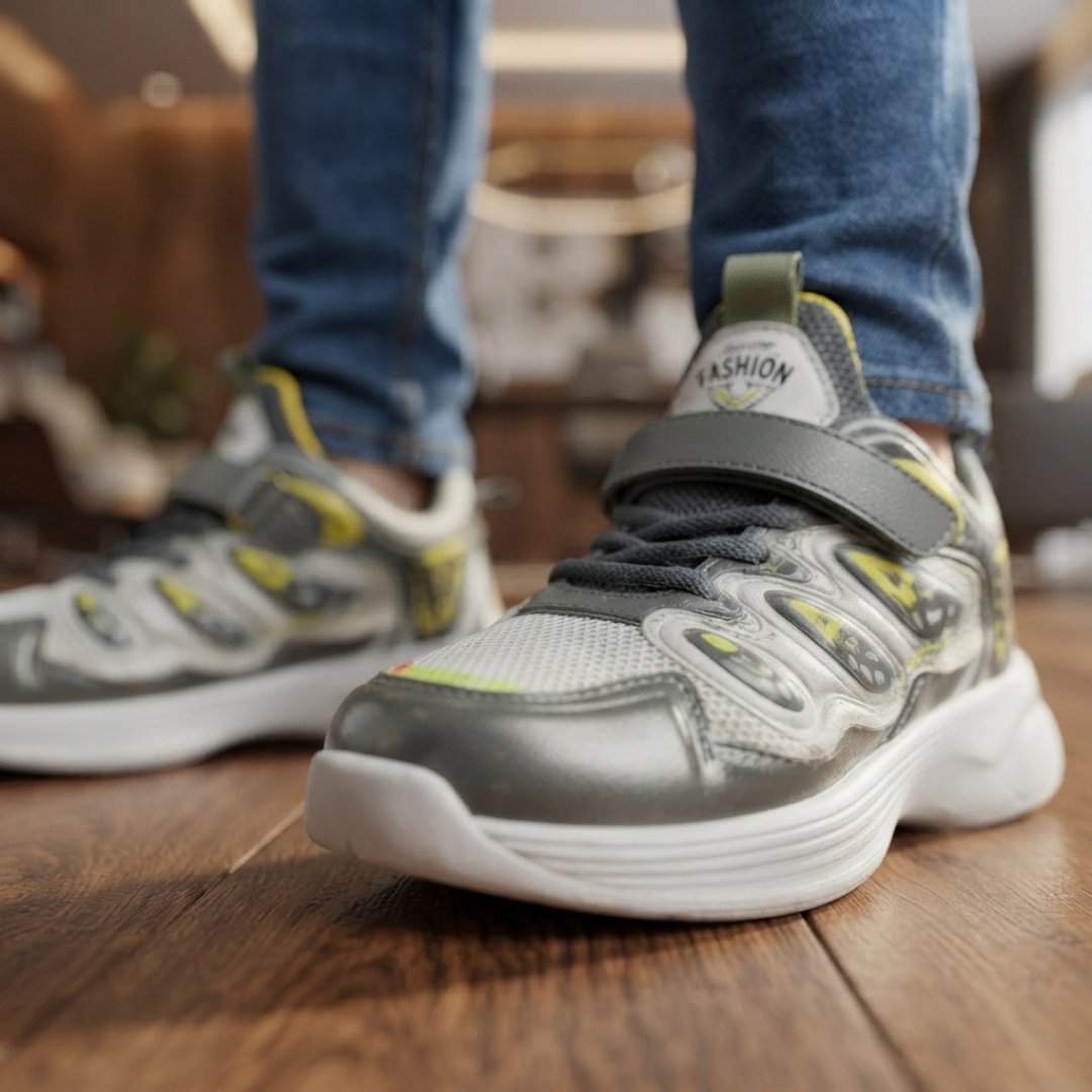 Grey & Yellow Sporty Chunky Sneakers – Modern Comfortable Casual Shoes