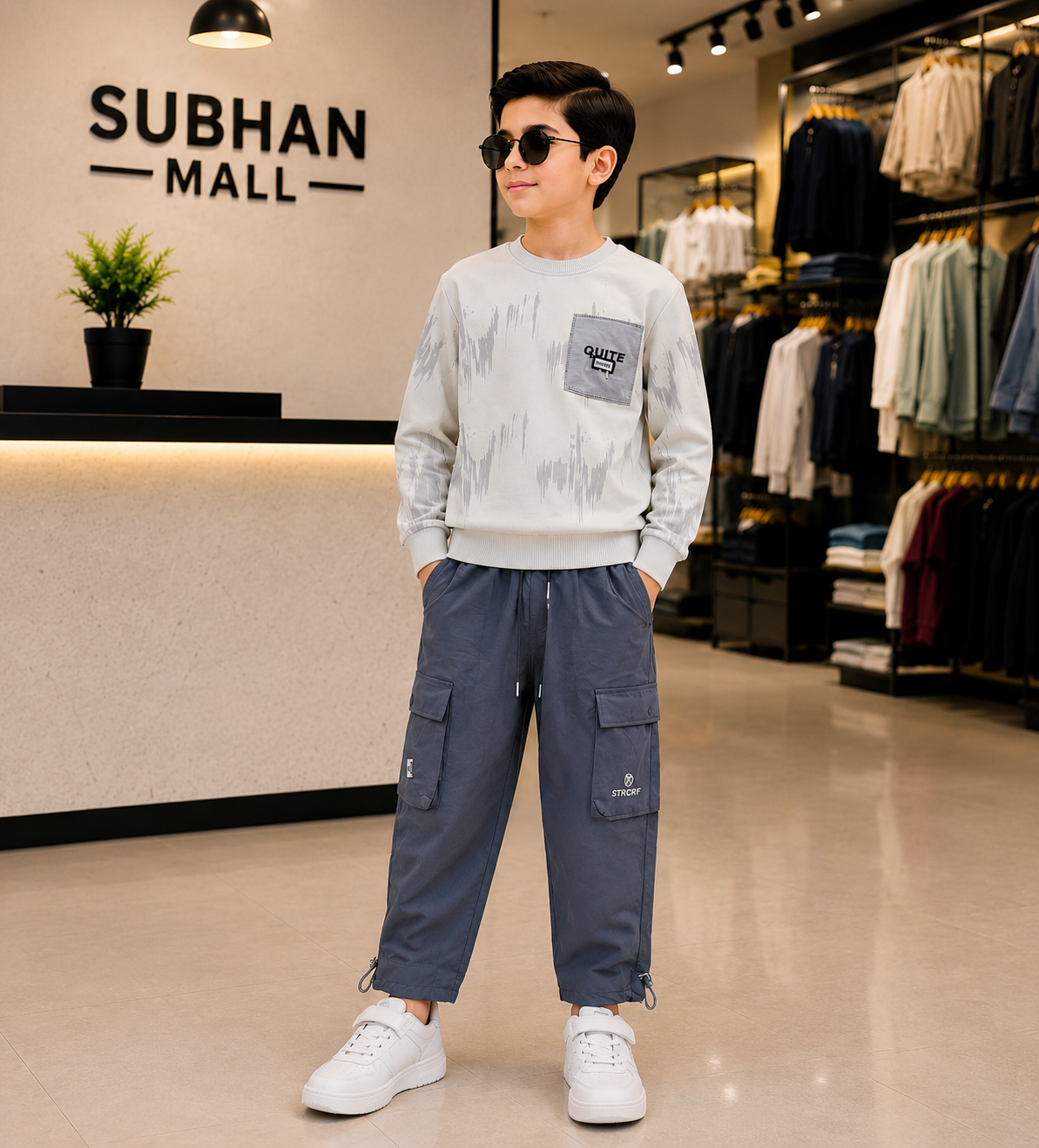 Boys Stylish Printed Sweatshirt with Cargo Pants & Sneakers – Trendy Winter Outfit