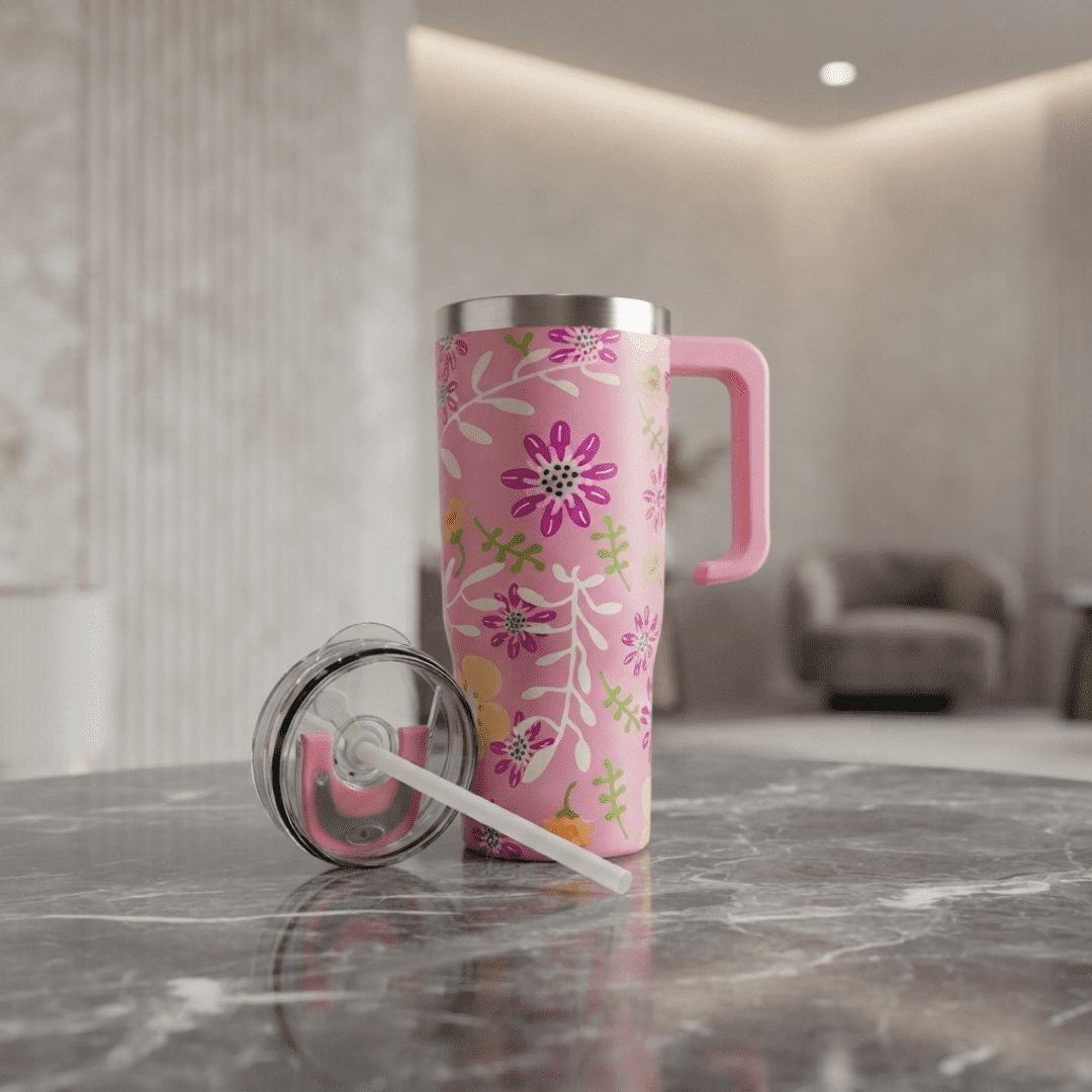 Premium Pink Floral Tumbler with Handle & Straw – Stylish Reusable Water Bottle