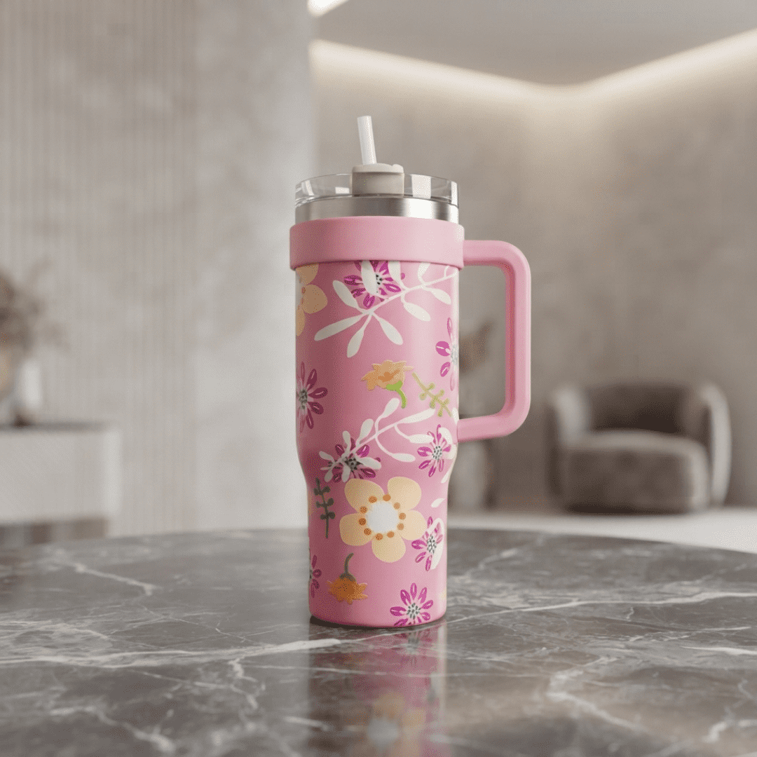 Premium Pink Floral Tumbler with Handle & Straw – Stylish Reusable Water Bottle