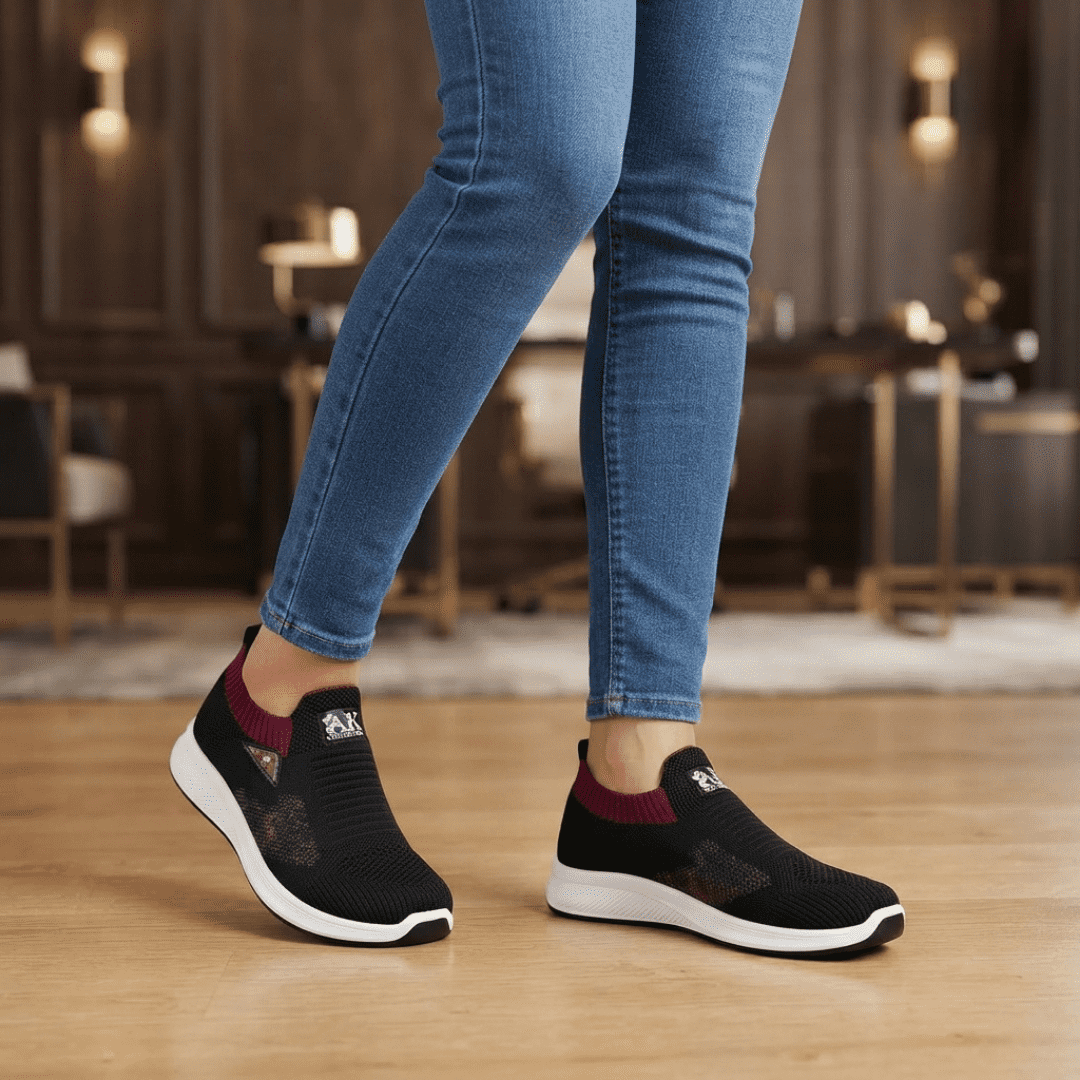 Women’s Black & Maroon Slip-On Sneakers – Stylish, Lightweight & Comfortable Walking Shoes