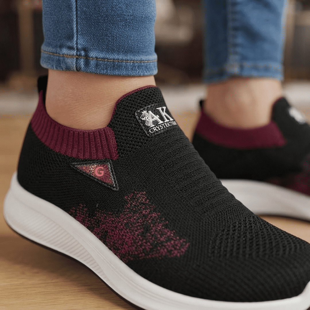 Women’s Black & Maroon Slip-On Sneakers – Stylish, Lightweight & Comfortable Walking Shoes