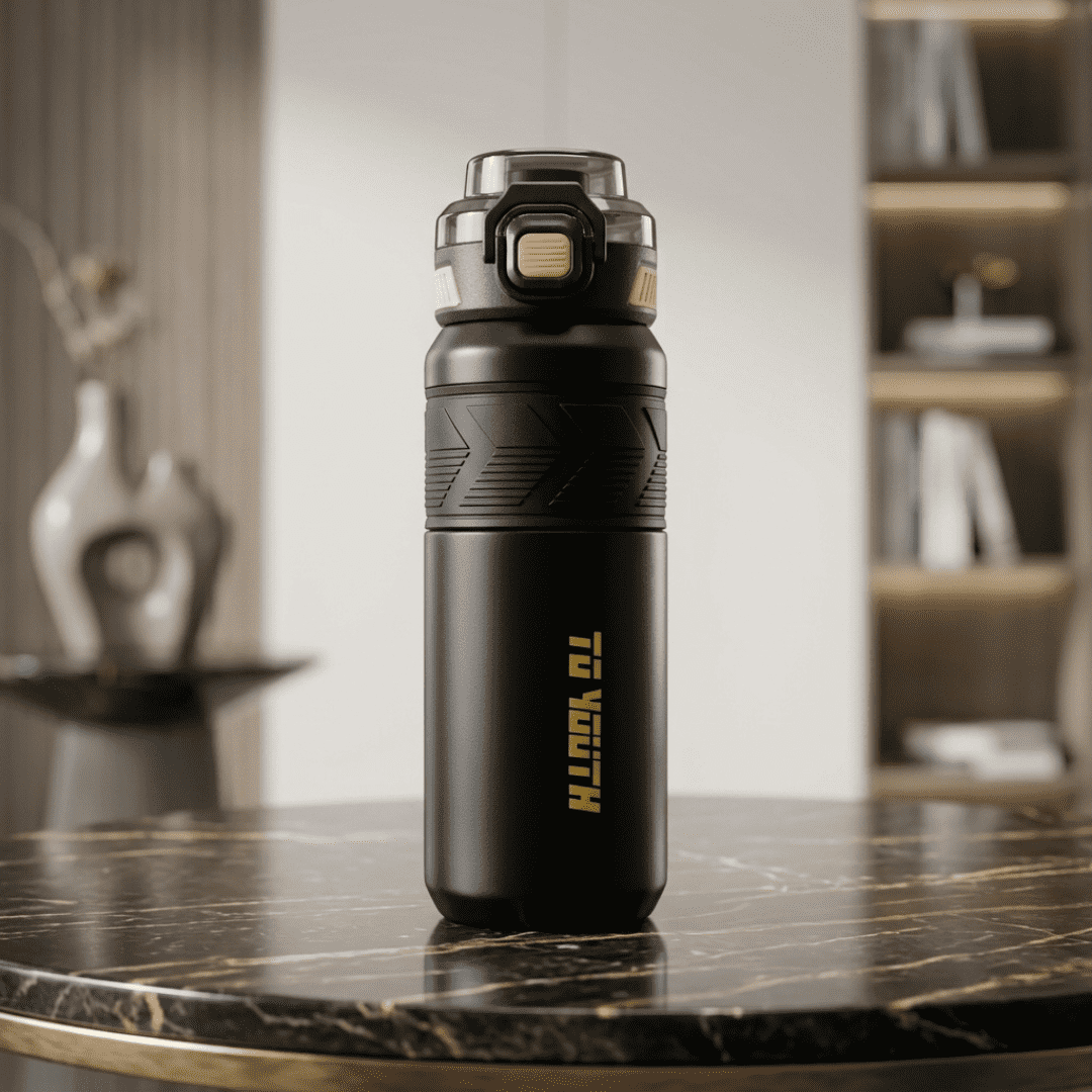Premium Sports Water Bottle – Stylish Black Sports Bottle with Carry Strap