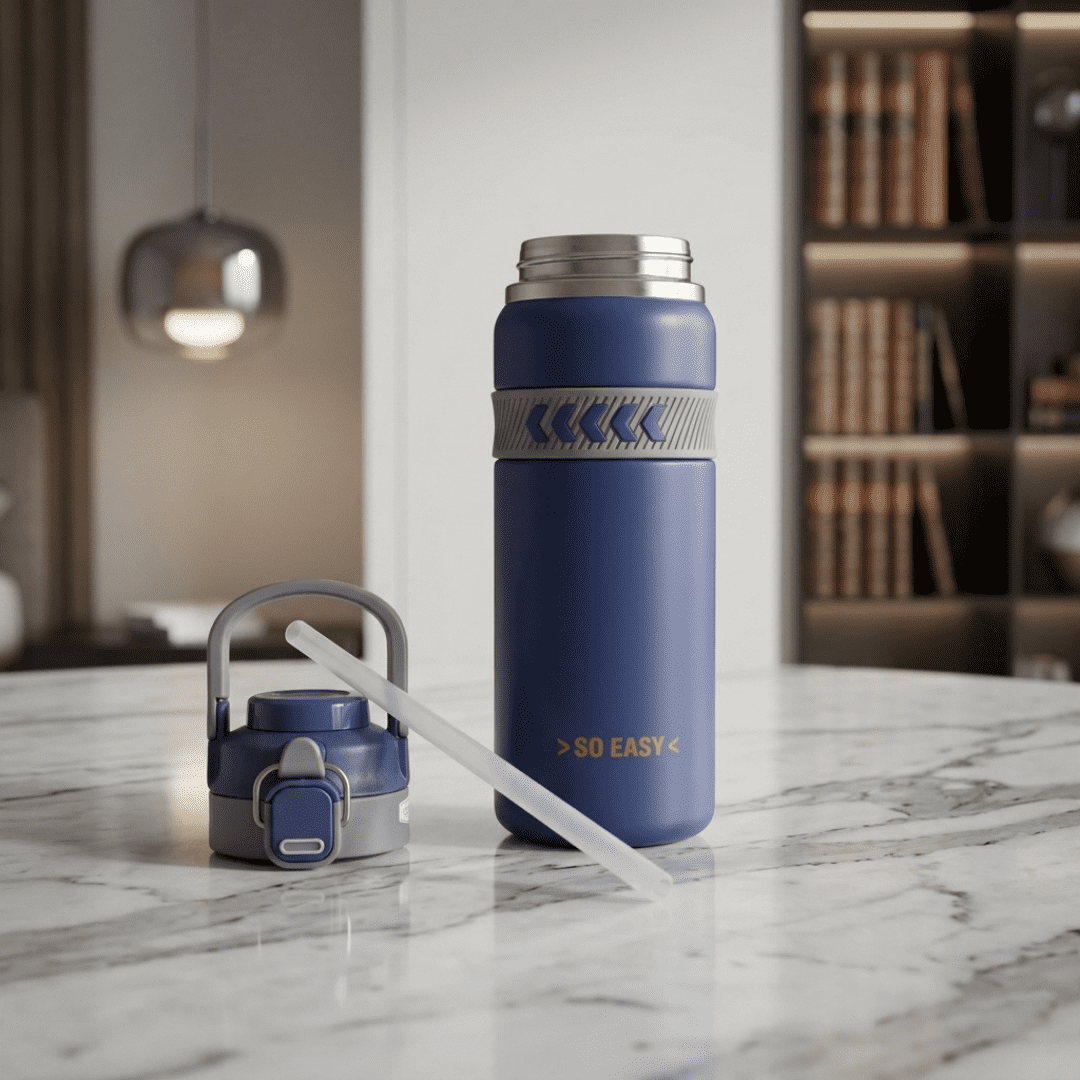 Premium Blue Stainless Steel Insulated Water Bottle with Straw