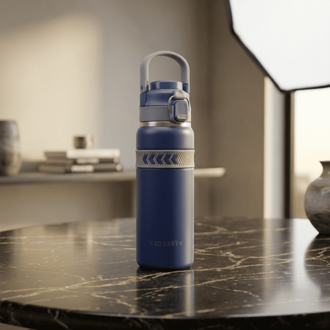 Premium Blue Stainless Steel Insulated Water Bottle with Straw