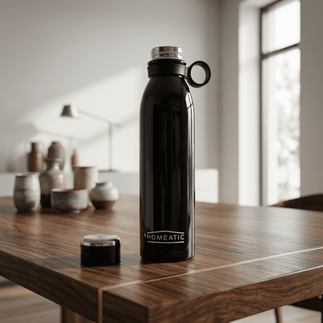 Homeatic Premium Black Stainless Steel Water Bottle with Carry Ring
