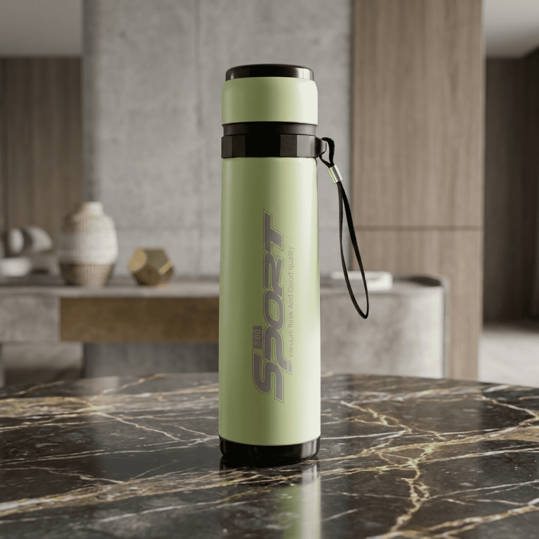 Premium Green Stainless Steel Vacuum Water Bottle with Carry Strap