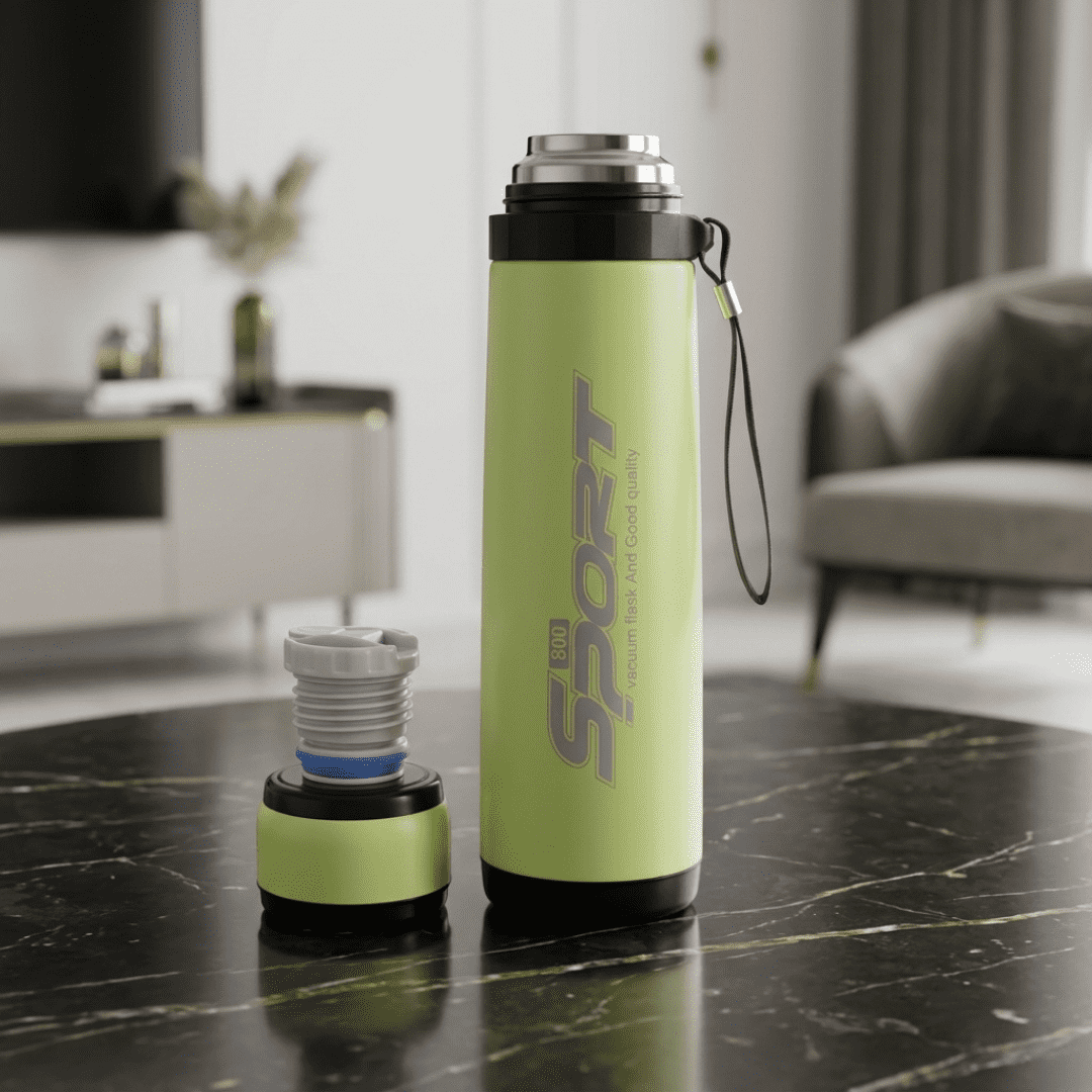 Premium Green Stainless Steel Vacuum Water Bottle with Carry Strap